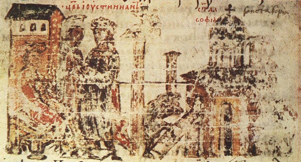 Строительство Святой Софии (миниатюра из хроники Константина Манассии)